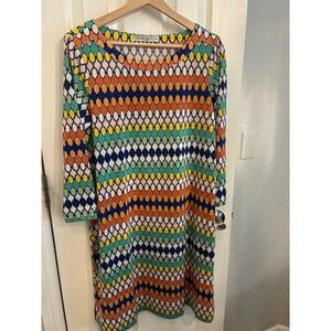 Signature Collection Women Multi Color Geometric Print 3/4 Sleeve Shift Dress M